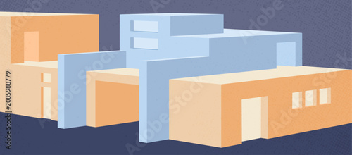 3d view of a colorful minimal building. Abstract colorful architectural construction vector illustration.