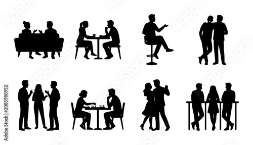 Bild auf Leinwand Social Silhouettes: People in Conversation, Dining, Dancing, and Standing Groups