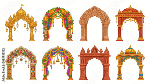 A vibrant Vector Set of ornate Indian temple gates and colorful archways in various architectural styles.