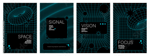 Set of four abstract vector posters with geometric wireframe torus and grid lines. Minimalist digital art templates with modern typography layout for creative background design concept.
