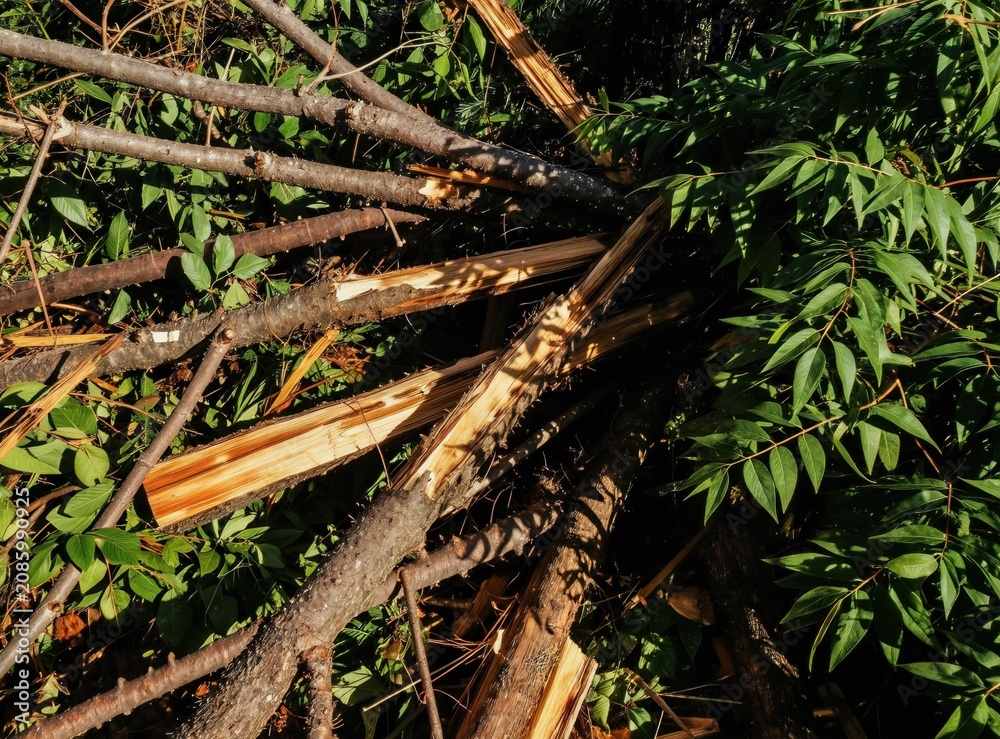 Fototapeta premium Uprooted trees lie scattered after intense storm event. Broken branches, logs form chaotic pile amid foliage. Timber debris shows impact of natural disaster on woodland area. Scene conveys