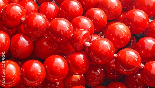 Close-up of glossy, spherical red beads strung together, creating a vibrant, textured pattern. The beads reflect light, creating a smooth surface
