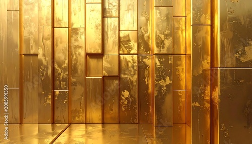 Close-up of gold rectangular tiles forming wall and floor. Reflective surface, creating illusion of depth and luxury