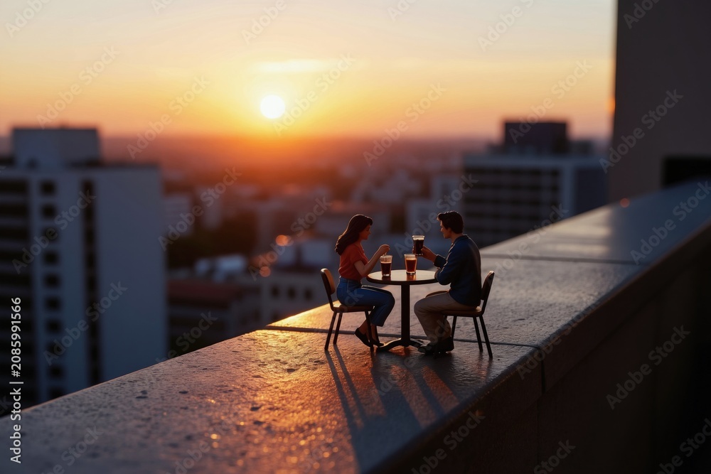 Fototapeta premium Tiny couple toast with drinks on high rooftop terrace. Cityscape glows in golden hour sun. Evening romance and relaxation with urban skyline view.