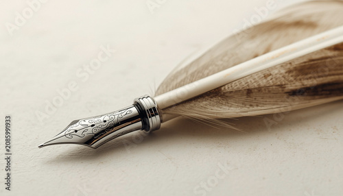 Elegant Vintage Feather Quill Fountain Pen with Decorative Silver Nib on Minimal Background