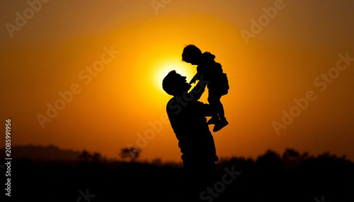 Silhouette of a Father Holding His Child at Sunset with Golden Sky