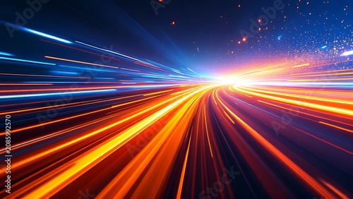 Fast motion light streaks in orange and blue colors creating speed effect on dark background