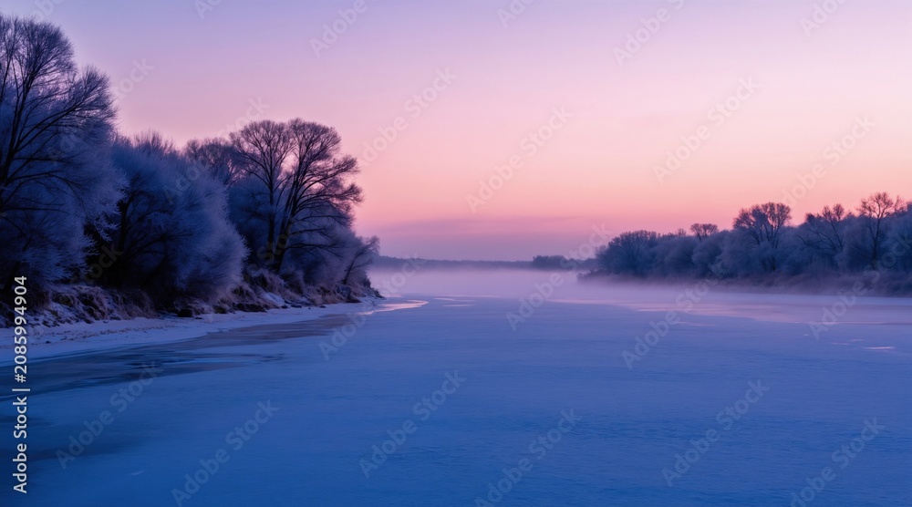 Obraz premium Frozen river reflects pink dawn sky. Frost covers trees along bank creating magical winter scene. Calm water surface mirrors colorful twilight hues. Peaceful landscape evokes serenity, ideal for