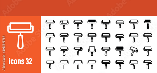Paint rollers and painting tools outline icons set, Home improvement and renovation line art pictograms, Construction and decorator symbols