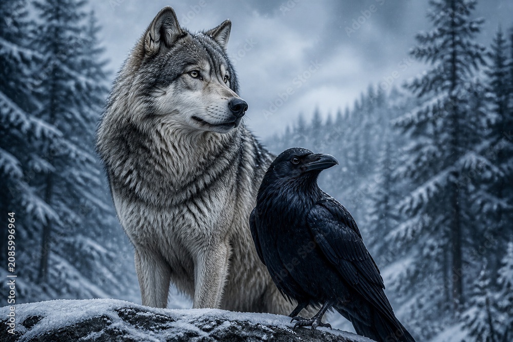 Fototapeta premium Wolf standing beside raven on snowy forest rock winter landscape