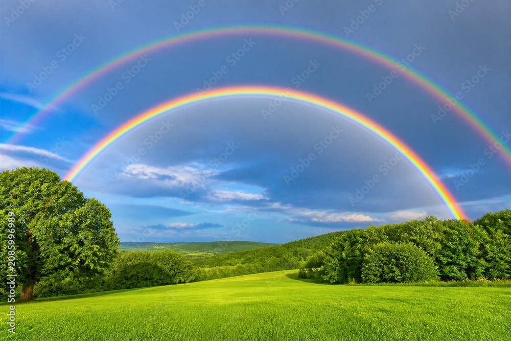 Naklejka premium Double rainbow arching over green rolling hills landscape