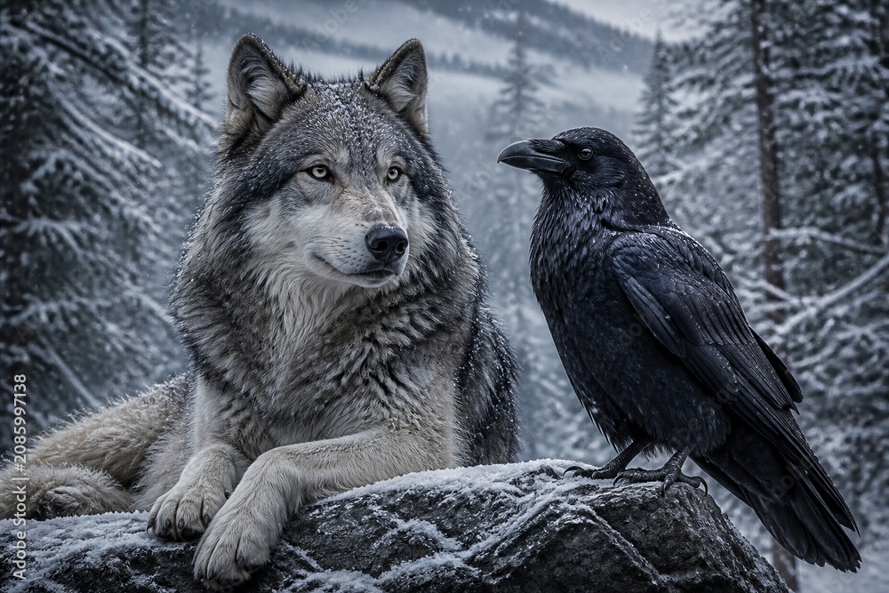 Fototapeta premium Wolf and raven resting together on snowy rock in forest