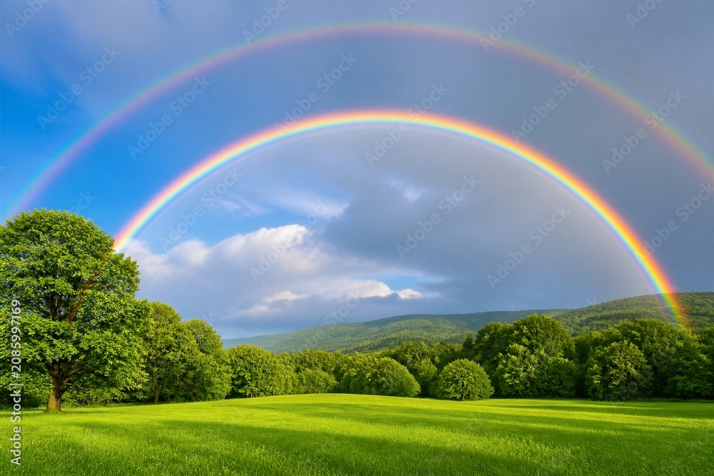 Naklejka premium Double rainbow arching over green meadow and rolling hills