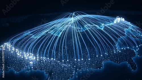 Global network of glowing lines connecting illuminated cities on a dark planet surface