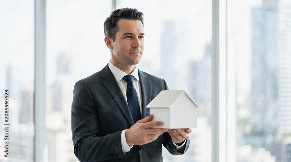Fototapeta premium Professional Real Estate Agent in Business Suit Holding Small Miniature House Model in Modern Office