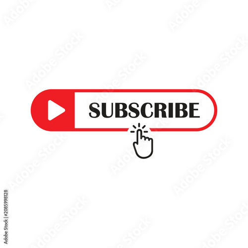 Flat vector illustration of a red and white YouTube subscribe button featuring a play icon and a clicking hand pointer cursor, isolated on white.