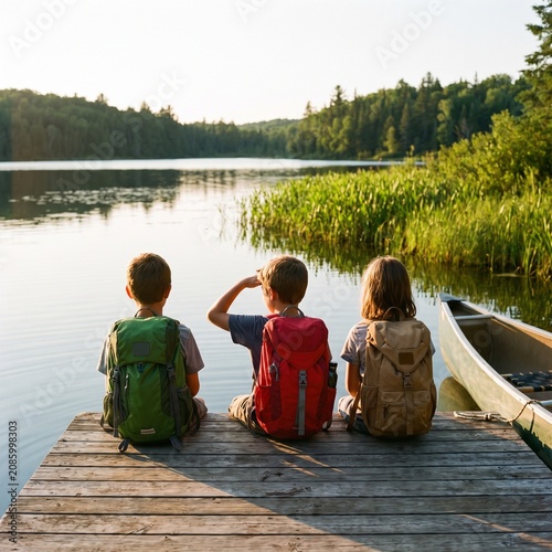 Children with backpacks on a dock looking at a lake