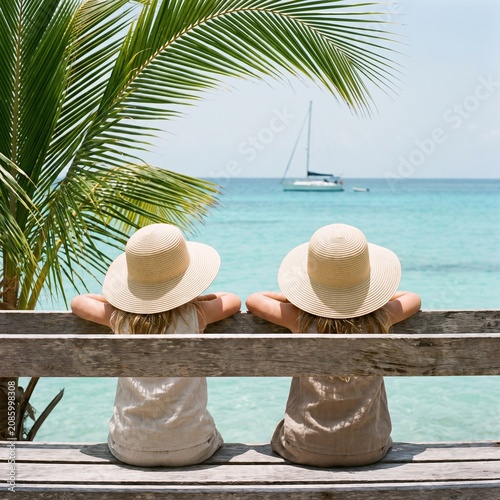 Two girls in straw hats watch a sailboat from a wooden bench
