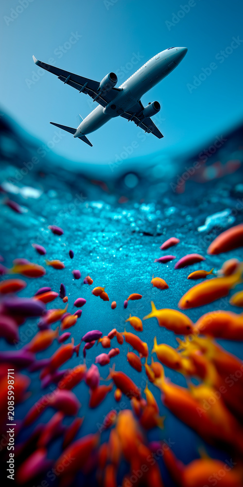 Naklejka premium Over-under split shot of an airplane flying in the blue sky above colorful tropical fish underwater