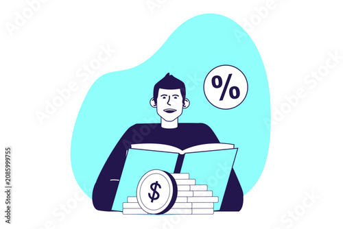 Accounting modern flat concept for web banner design. Man analyzing earning profit, bookkeeping and planning balance, gaining financial literacy. Vector illustration with isolated people scene.