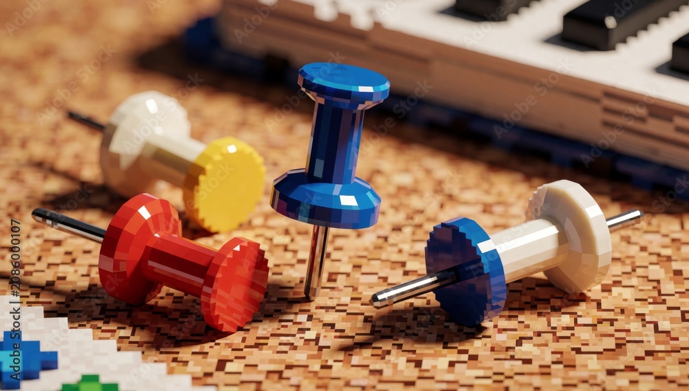Obraz premium Push pins wooden surface made small lego bricks different colors red yellow blue pin left side middle center r