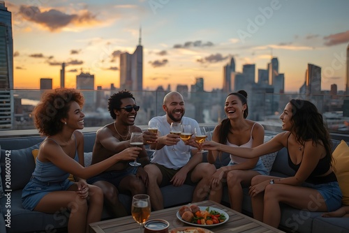 Rooftop Revelry: A group of diverse friends enjoys drinks and appetizers on a city rooftop at sunset, celebrating friendship and a beautiful evening with a skyline backdrop.