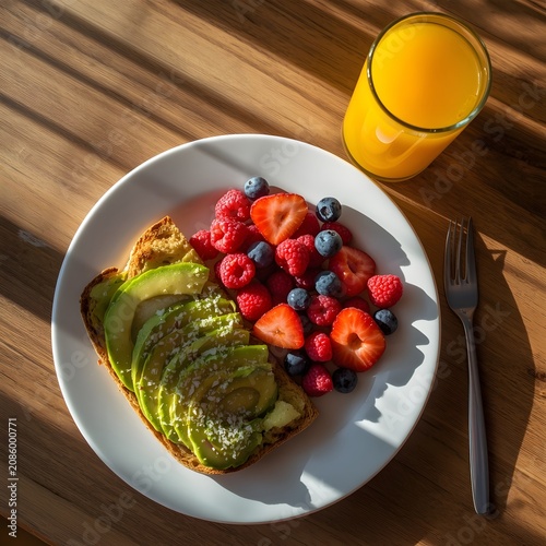Healthy Breakfast Delight: A vibrant and nutritious breakfast featuring avocado toast, a medley of fresh berries, and a glass of orange juice, artfully arranged on a white plate.