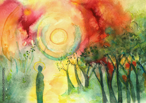 Luminous contemplative figure beneath radiant orchard canopy, spiritual hand painted watercolor