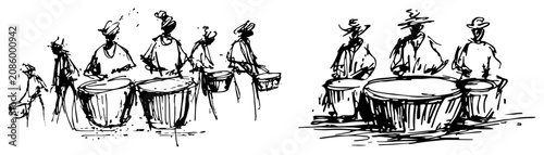 Schilderij op canvas Musicians playing percussion drums in a group in expressive ink sketch style