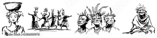 Fotografie African tribal people and indigenous characters in traditional costumes hand dra