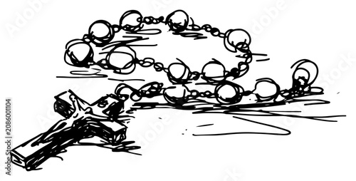 Bild auf Leinwand Christian rosary beads with wooden cross for prayer and meditation ink sketch st