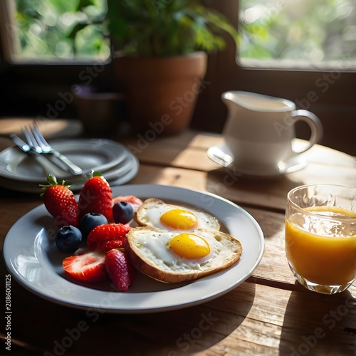 Sunrise Breakfast Delight: A healthy and vibrant breakfast of fried eggs, fresh strawberries, and blueberries served with a glass of orange juice on a rustic wooden table.