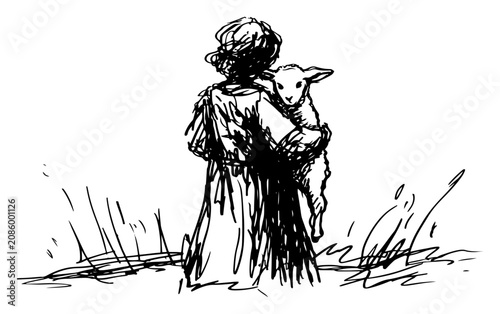Konstfotografi Good shepherd carrying small lamb in his arms charcoal sketch style