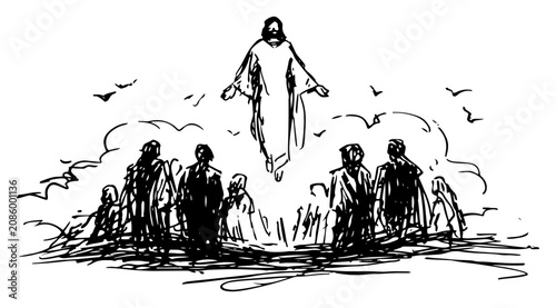 Tableau sur toile Jesus Christ ascending to heaven before his disciples in expressive ink sketch s