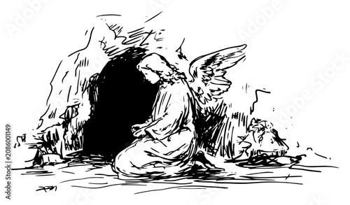 Tableau sur toile Angel kneeling in prayer in front of an empty tomb in artistic ink sketch style