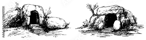 Photography Empty tomb of Jesus with the stone rolled away in black and white ink sketch sty