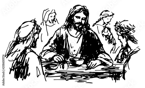 Foto Jesus Christ sharing meal with disciples during last supper charcoal sketch styl