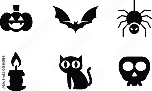 Halloween icons set including pumpkin bat spider candle cat and skull