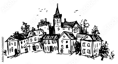 Foto Historic european village houses with church steeple and old town architecture s
