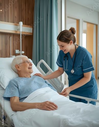 Compassionate Care: A smiling nurse provides comfort and support to an elderly patient in a hospital bed, fostering a warm and caring environment.