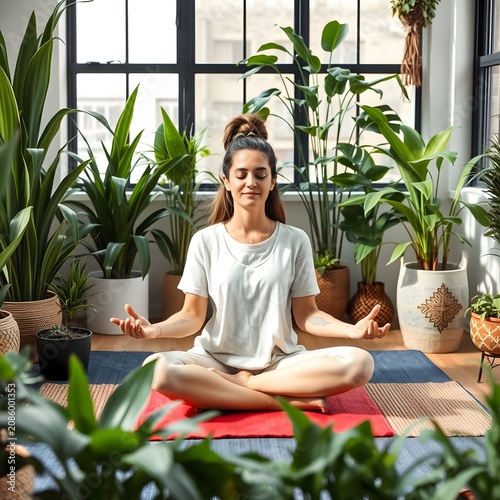 Zen Garden Oasis: A woman finds inner peace and serenity meditating amidst a lush indoor jungle of vibrant green plants, finding balance and mindfulness in her tranquil home sanctuary.
