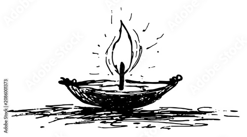 Diya oil lamp burning with a bright flame in a hand drawn sketch style
