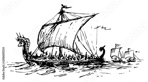 Schilderij op canvas Viking longship sailing on the sea with dragon prow in expressive ink sketch sty