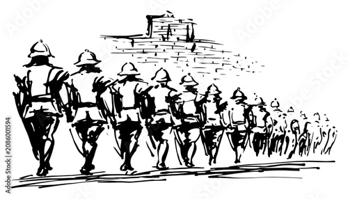 Photos Row of soldiers marching in formation during parade hand drawn sketch style