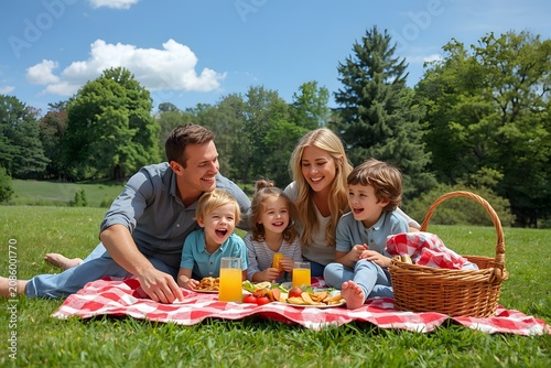 Sunny Day Family Picnic: A joyous family enjoys a delightful picnic on a vibrant red and white checkered blanket in a sun-drenched park, with laughter echoing under a clear blue sky.