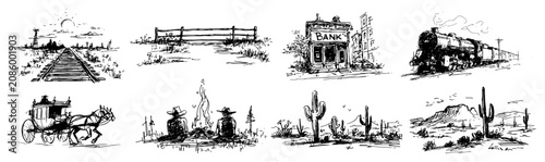 Fotografía Steam train stagecoach and wild west landscape elements hand drawn sketch style