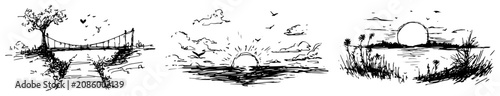 Φωτογραφία Landscape scenery with bridge and sunset views in sketchy doodle style