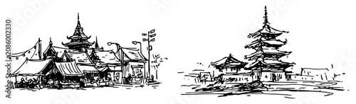 Konstfotografi Asian traditional temples and pagoda landscapes in sketchy doodle style