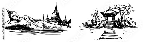 Fotografía Reclining Buddha statue and traditional Asian temple architecture hand drawn ske
