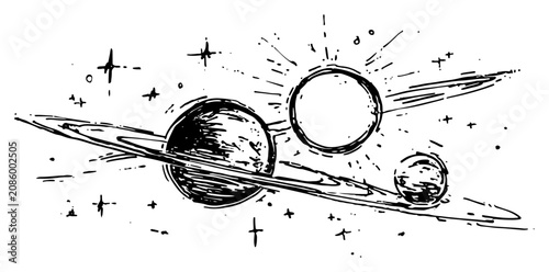 Bilde på lerret Saturn planet with rings and celestial bodies in deep space hand drawn sketch st